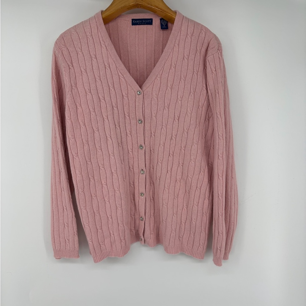 VTG Karen Scott Cardigan V-Neck Cable-Knit Rhinestone Cottagecore 1X Silk Pink